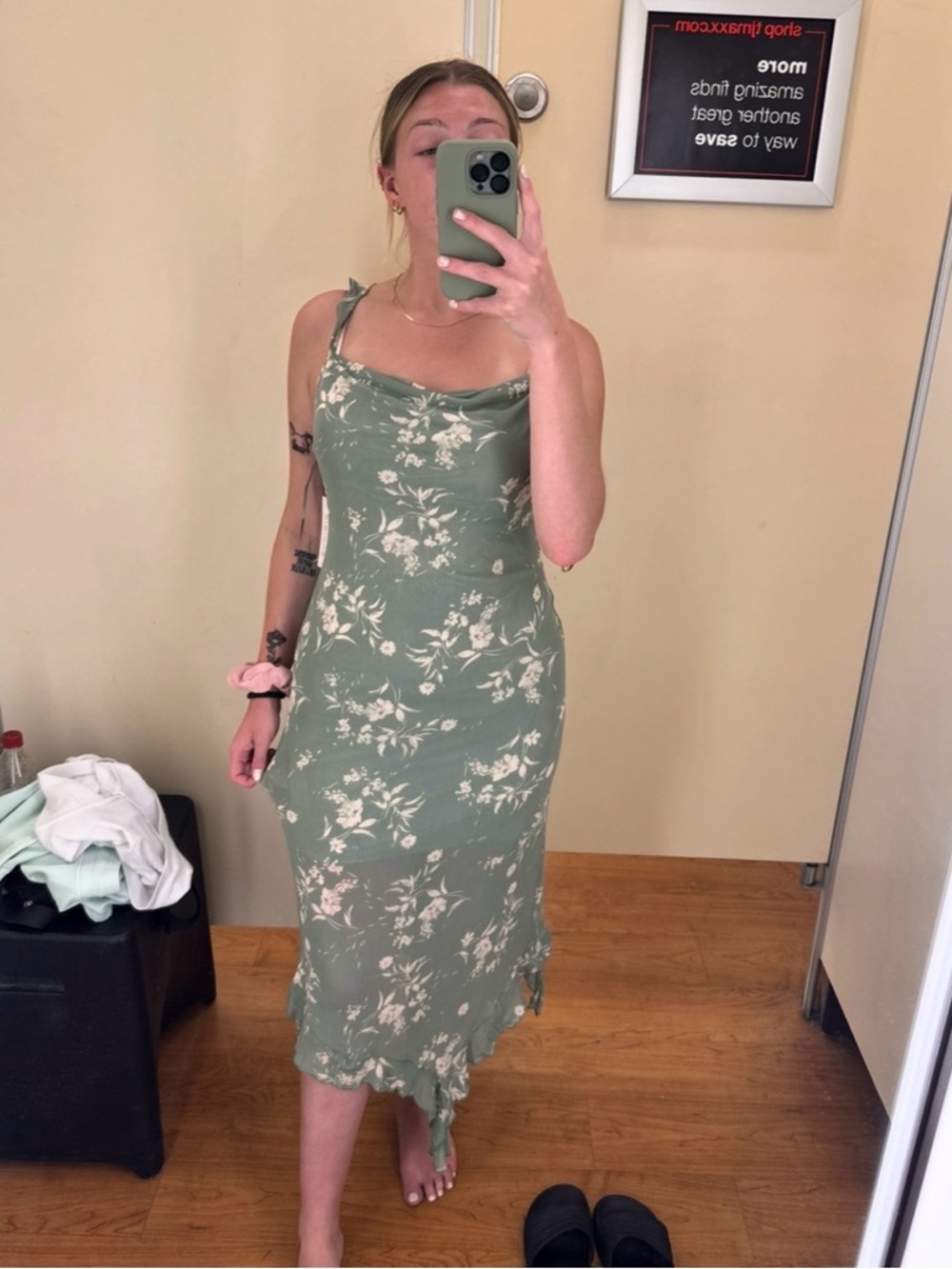 Floral Tie-Shoulder Midi Dress in Olive Green